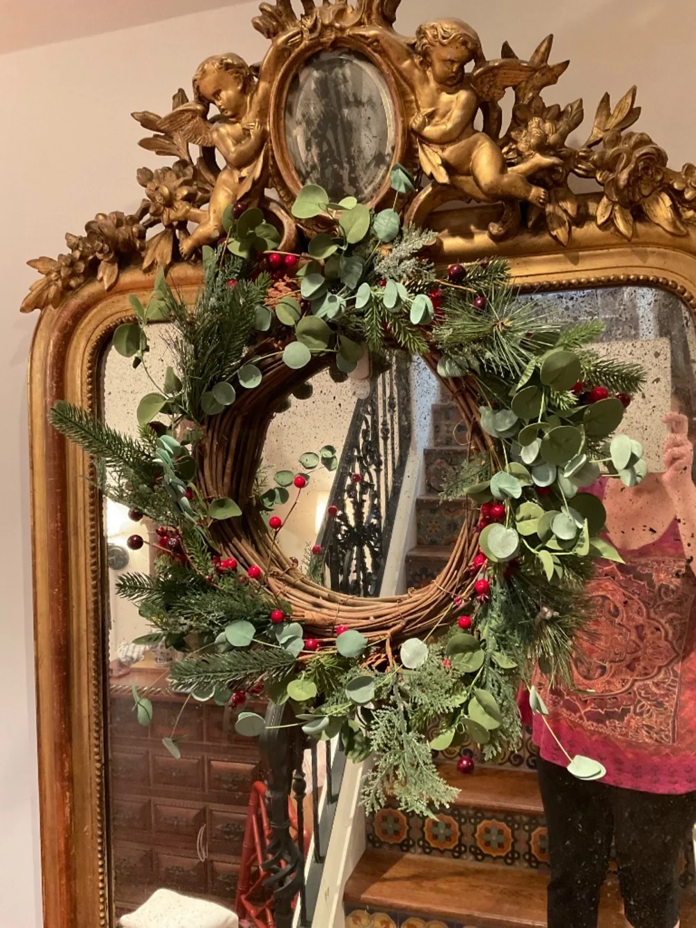 Set of three 22” Christmas wreaths with faux pine, eucalyptus and holy berries